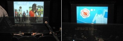 Reflectors showing right-reading caption characters (and seats, coats, people, and the screen through the plexiglas)