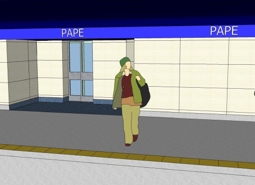 Station with deep-blue strapline with white PAPE letters, huge cream tiles, and a recessed elevator